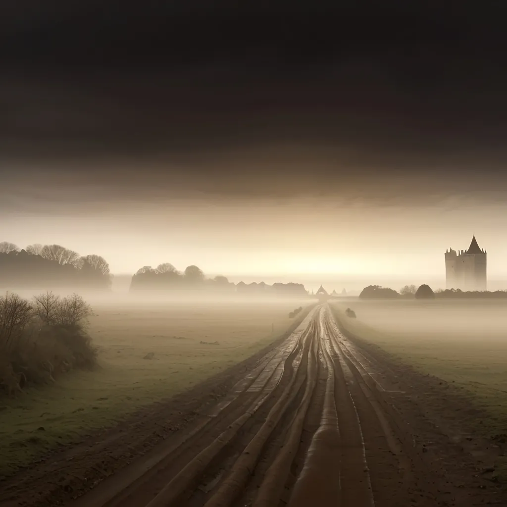 Prompt: <mymodel> 

A wide muddy road leading toward a medieval city and castle, barely visible in the distance through the mist