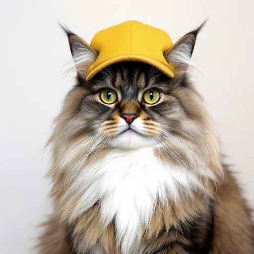 Prompt: fluffy maine coon cat with a yellow cap on