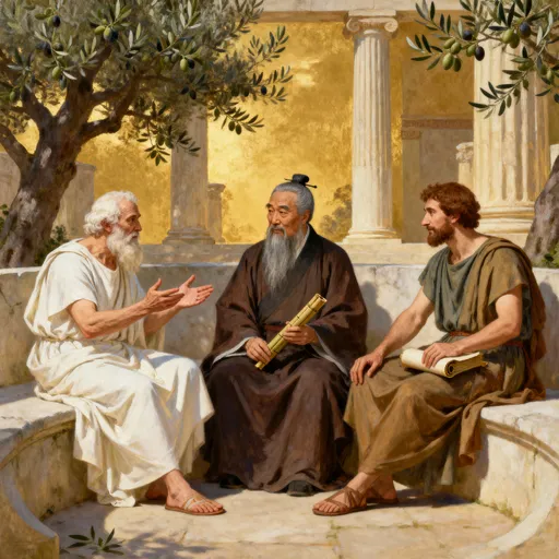 Prompt: ελω να μου φτισαξεις μια εικονα με τον Σωκράτη, τον Κομφουκιο και Αριστοτέλη να συζητανε
