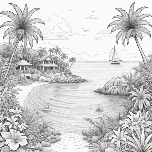 Prompt: A beautiful small paradise created only with Black lines suitable for a coloring book dont add shadows