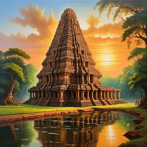 Prompt: Vibrant oil painting of majestic suntemple konark at sunset, golden hues, intricate marble details, sparkling reflection in the  River, lush green gardens, rich historical significance, high quality, detailed, oil painting, majestic, vibrant colors, sunset lighting, Indian treasures, historical, reflective water with indian temples
