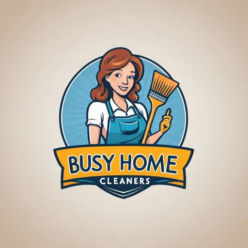 Prompt: Make a logo for a residential cleaning services company called "Busy Home Cleaners" that includes a mom overwhelmed with household chores.