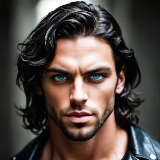 Prompt: a male, strong and muscular, blue hazel eyes, black wavy hair, shoulder length, short beard, straight nose, full lips, tanned, menacing look, leather jacket, warrior,  pointed ears