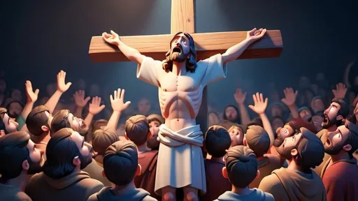 Prompt: 3D Pixar animated illustration of Jesus on the cross, crowd shouting insults, biblical, clean, high quality, 3D rendering, religious, dramatic lighting, biblical characters, emotional storytelling, detailed expressions, vibrant colors, impactful composition