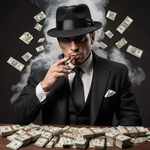 Prompt: Mafia Guy smoking a cigar in a suit with stacks of cash around him 