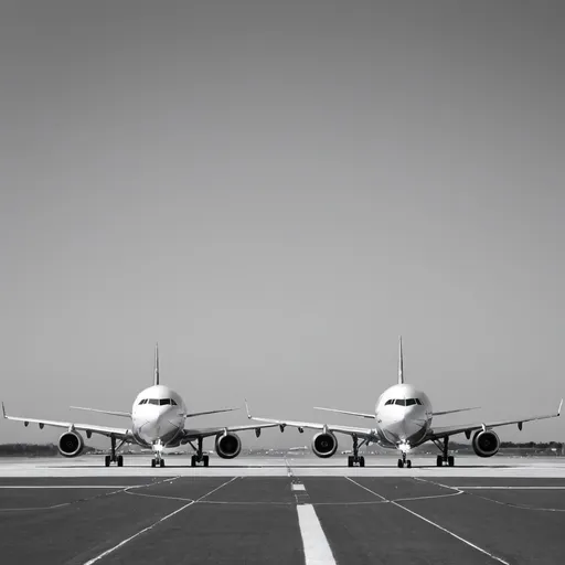 Prompt: Two planes facing opposite on same runway in grayscale tone