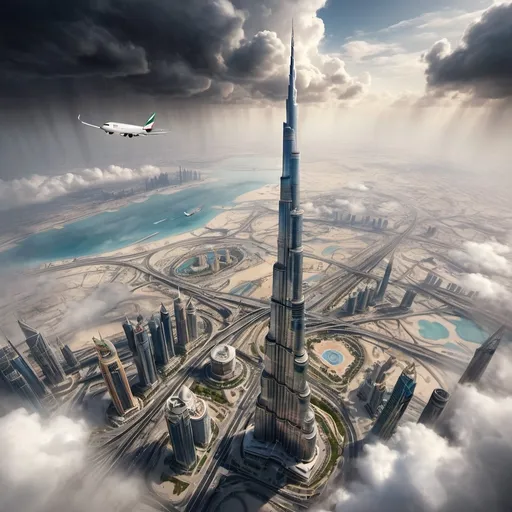 Prompt: Plane crossing over Burj Khalifa in cloudy weather, realistic digital painting, detailed clouds, high altitude view from above, overcast sky, dramatic lighting, realistic details, professional, atmospheric, highres, detailed, digital painting, clouds, plane, Burj Khalifa, overcast, high altitude view, dramatic lighting