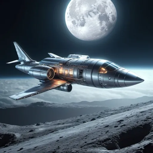 Prompt: Futuristic-sci-fi illustration of a majestic plane flying from the moon, high-tech metallic material, glowing propulsion engines, detailed moon landscape, astronaut observing from the cockpit, 4k, ultra-detailed, futuristic-sci-fi, sleek design, cool tones, detailed landscape, atmospheric lighting