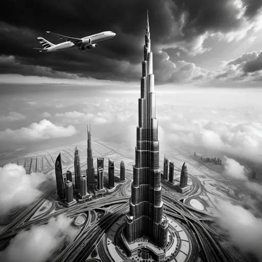 Prompt: Plane crossing over Burj Khalifa in cloudy weather, grayscale canvas, detailed aircraft, detailed skyscraper, high quality, grayscale, realistic, detailed clouds, architectural masterpiece, atmospheric lighting