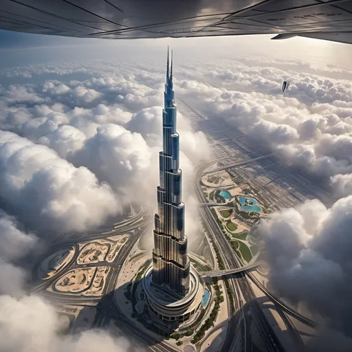 Prompt: Plane crossing over Burj Khalifa in cloudy weather, realistic digital painting, detailed clouds, high altitude view from above, overcast sky, dramatic lighting, realistic details, professional, atmospheric, highres, detailed, digital painting, clouds, plane, Burj Khalifa, overcast, high altitude view, dramatic lighting