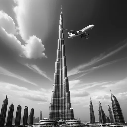 Prompt: Plane crossing over Burj Khalifa in cloudy weather, grayscale canvas, detailed aircraft, detailed skyscraper, high quality, grayscale, realistic, detailed clouds, architectural masterpiece, atmospheric lighting