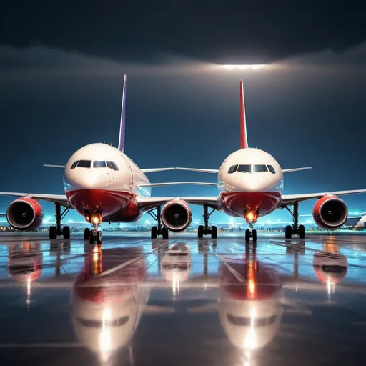 Prompt: Two planes facing each other, intense lighting, airport setting, high quality, realistic, bright colors, modern, commercial jets, detailed reflections, professional, cool tones, atmospheric lighting, runway, tarmac, ultra-detailed