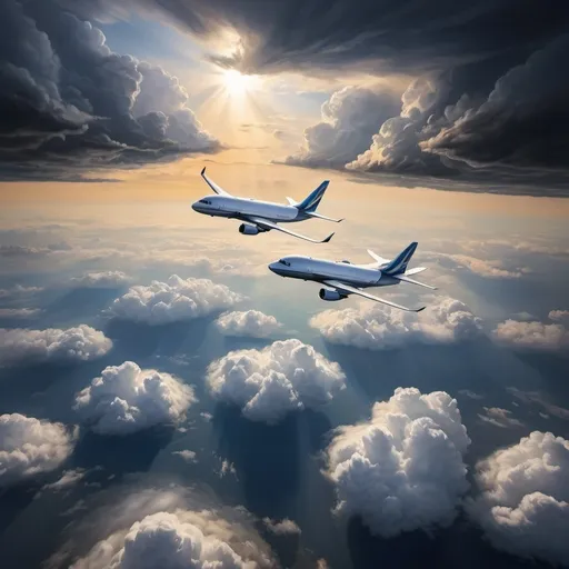 Prompt: Two planes facing each other, aerial painting, realistic clouds, dramatic sky, high altitude, high quality, realistic, aerial, dramatic, intense lighting