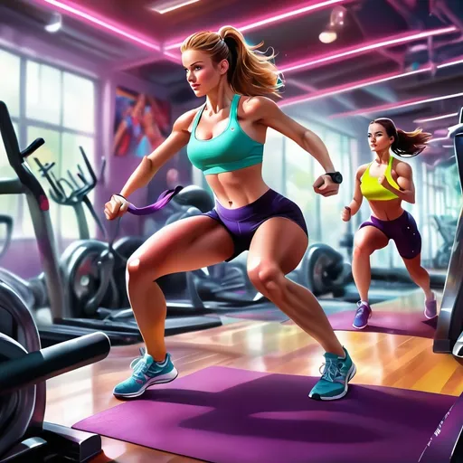 Prompt: (fitness), dynamic energy, strong and active individuals exercising, bright and motivating atmosphere, varied workout environments, gym equipment in use, sweat and determination visible, vivid colors, inspiring poses, high intensity and movement captured, (4K) resolution, ultra-detailed features, encouraging vibe, uplifting mood, overall sense of health and wellness.