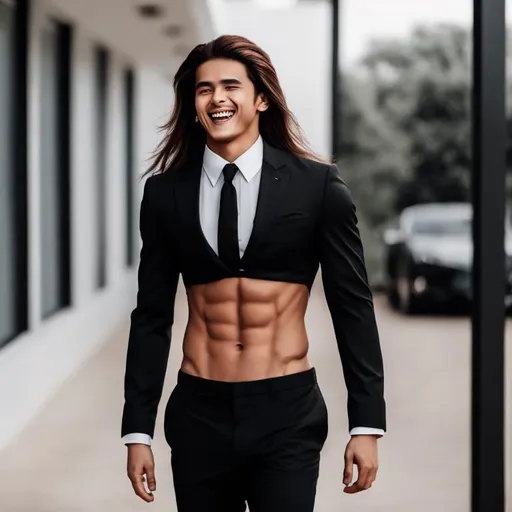 Prompt: an attractive long-haired 20-years old man with rock hard abs wearing a crop top black suit and tie with a bare navel and an exposed belly button, laughing and walking