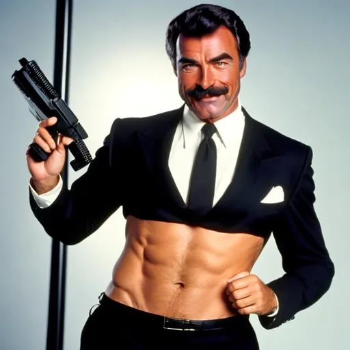 james bond with a thick 70s style mustache holding a... | OpenArt