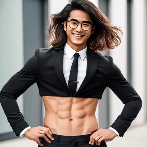 Prompt: a full body photo of a smiling 20-years old fit long-haired man with a rock hard abs eyeglasses wearing a crop top black suit and tie with a bare navel and an exposed belly button, outside by building background, hair flowing