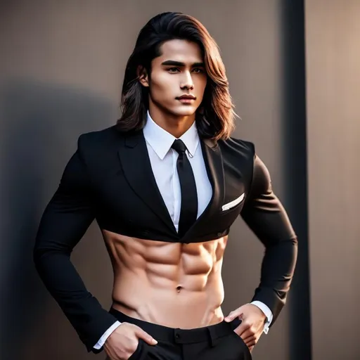 Prompt: an attractive long-haired 20-years old man with rock hard abs wearing a black crop top suit and tie with a bare navel and an exposed belly button, outside background