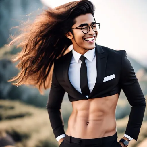 Prompt: a full body photo of a smiling 20-years old fit long-haired man with a rock hard abs eyeglasses wearing a crop top black suit and tie with a bare navel and an exposed belly button, he is laughing, nature background, hair flowing, sideview