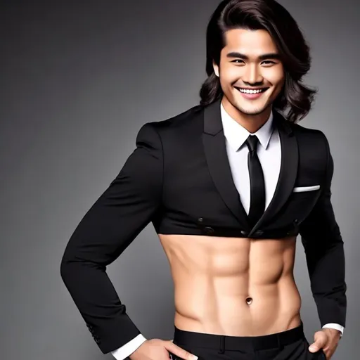 Prompt: an attractive long-haired 20-years old man with rock hard abs wearing a crop top black suit and tie with a bare navel and an exposed belly button, smiling, 