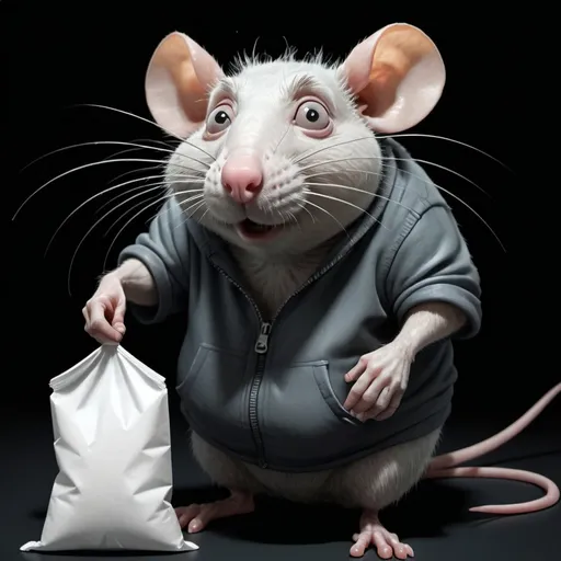 Prompt: (disgusting cartoon rat), (fat and tired), bags under its eyes, no hair on top of its head, holding ziploc bag of white powder, white powder on its nose, credit card in other hand, sad expression, (dark, bleak atmosphere), low-key lighting, muted colors, highly detailed features, (4K resolution), evoking a sense of despair and loneliness.