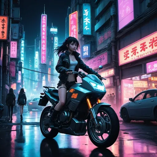 Prompt: High quality anime movie like style where a girl is riding a motorcyle through a cyberpunk city with cars passing by. Make sure that the lights of the city are visible and we can see neon store lights advertising food and drinks.