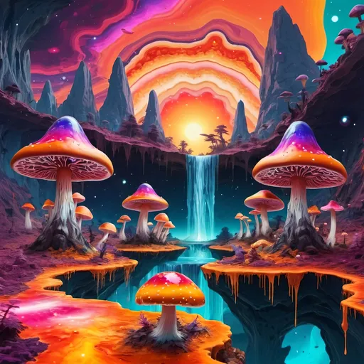 Prompt: psychedelic melting mushroom forest on a colorful glowing geode planet with liquid nebulas and UFOs. mountains, cliffs, sunset colors, waterfalls landscape, trippy, Abstract patterns, Movement and flow