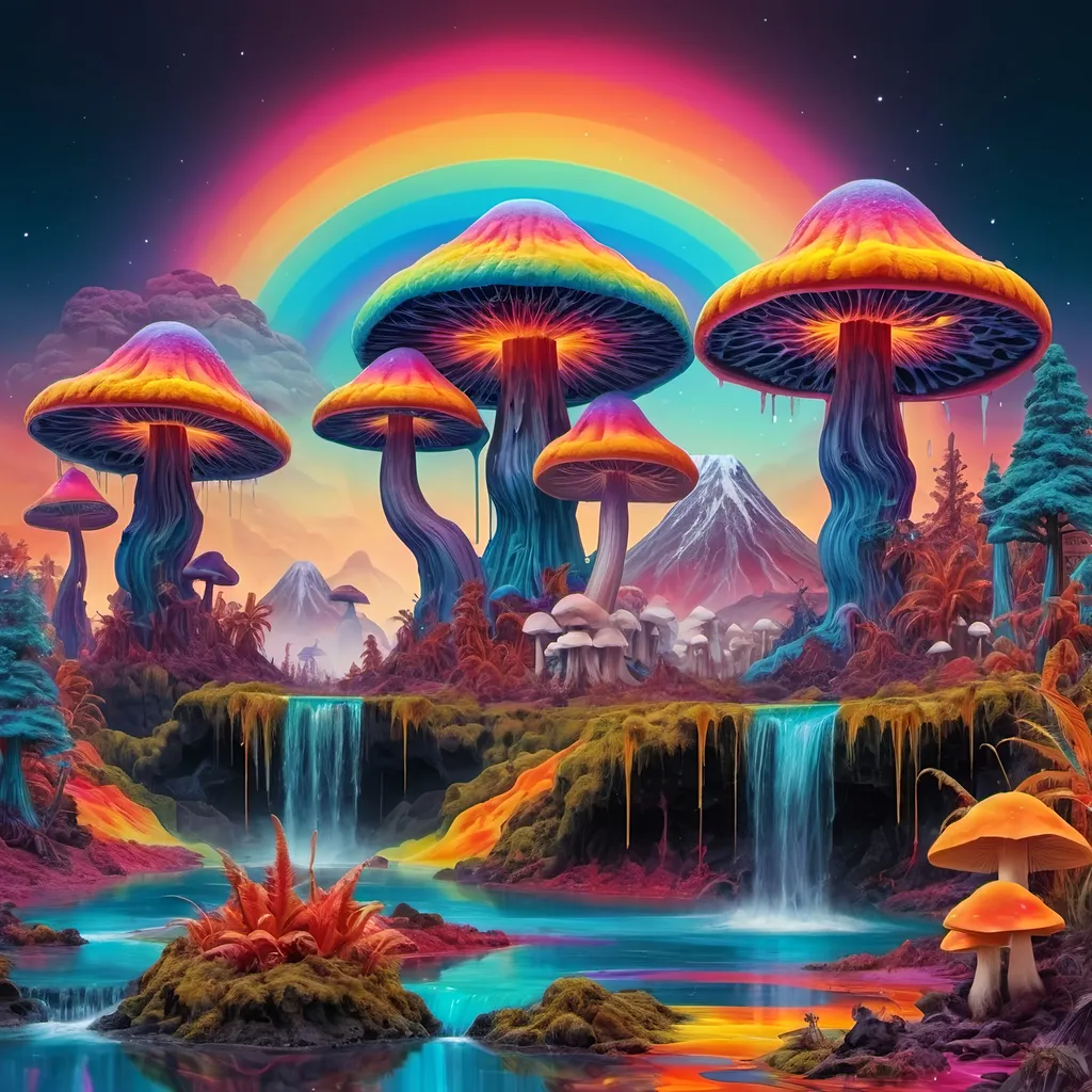 Prompt: psychedelic melting mushroom forest on a colorful glowing bismuth planet with liquid nebulas, palm trees, erupting volcanoes with rainbow colors, waterfalls, meltinglandscape, Abstract patterns, Movement and flow