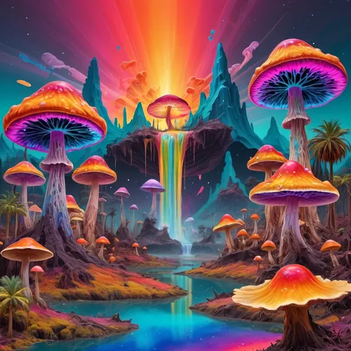 Prompt: psychedelic melting mushroom forest on a colorful glowing bismuth planet with liquid nebulas, palm trees, erupting volcanoes with rainbow colors, waterfalls, meltinglandscape, Abstract patterns, Movement and flow