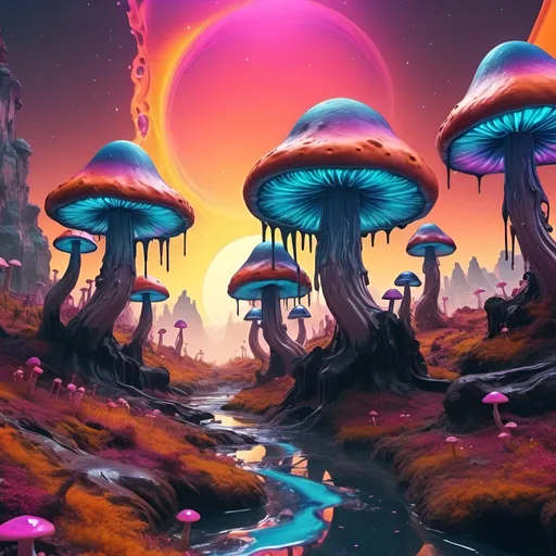 Prompt: trippy melting mushroom forest on a colorful glowing planet with liquid nebulas. mountains, cliffs, sunset colors, waterfalls landscape. Alien planet, vibrant, octane render trippy wallpaper HD, Abstract patterns, Movement and flow, depth and layers, droopy melting design