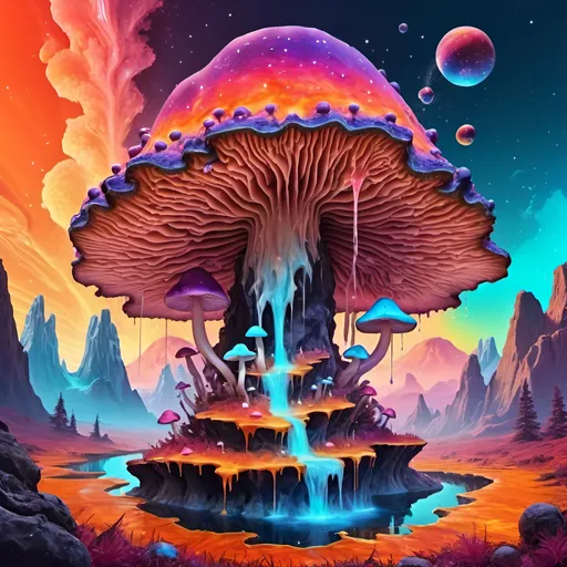 Prompt: psychedelic melting mushroom forest on a colorful glowing geode planet with liquid nebulas. mountains, cliffs, sunset colors, waterfalls landscape. 