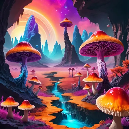 Prompt: psychedelic melting mushroom forest on a colorful glowing geode planet with liquid nebulas. mountains, cliffs, sunset colors, waterfalls landscape. Alien planet, vibrant