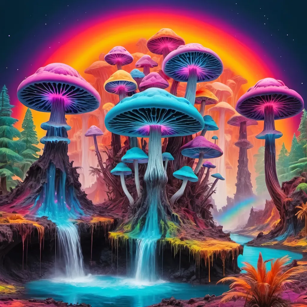 Prompt: psychedelic melting mushroom forest on a colorful glowing bismuth planet with liquid nebulas, palm trees, erupting volcanoes with rainbow colors, waterfalls, meltinglandscape, Abstract patterns, Movement and flow