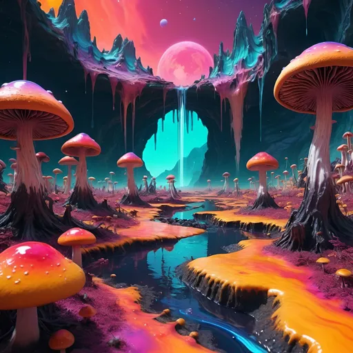 Prompt: psychedelic melting mushroom forest on a colorful glowing planet with liquid nebulas. mountains, cliffs, sunset colors, waterfalls landscape. Alien planet, vibrant, octane render trippy wallpaper HD, Abstract patterns, Movement and flow, depth and layers, droopy melting design