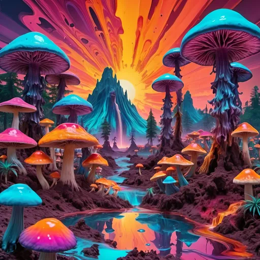 Prompt: psychedelic melting mushroom forest on a colorful glowing bismuth planet with liquid nebulas, palm trees, erupting volcanoes with sunset colors, waterfalls, melting landscape, Abstract patterns, Movement and flow