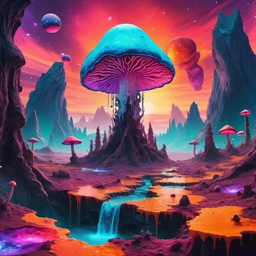 Prompt: psychedelic melting mushroom forest on a colorful glowing geode planet with liquid nebulas. mountains, cliffs, sunset colors, waterfalls landscape. Alien planet, vibrant