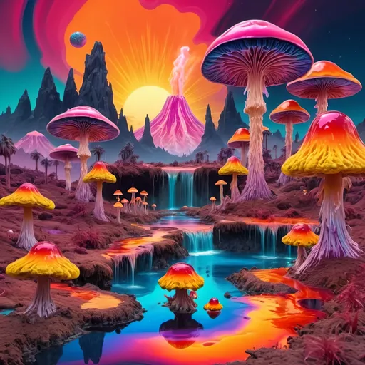 Prompt: psychedelic melting mushroom forest on a colorful glowing bismuth planet with liquid nebulas, palm trees, erupting volcanoes with sunset colors, waterfalls, melting landscape, Abstract patterns, Movement and flow