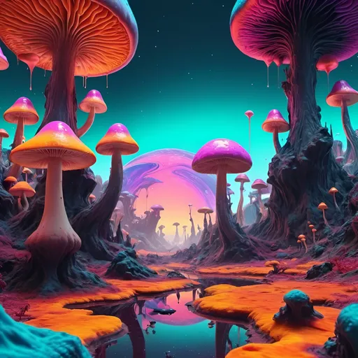 Prompt: psychedelic melting mushroom forest on a colorful glowing planet with liquid nebulas. mountains, cliffs, sunset colors, waterfalls landscape. Alien planet, vibrant, octane render trippy wallpaper HD, Abstract patterns, Movement and flow, depth and layers, droopy melting design
