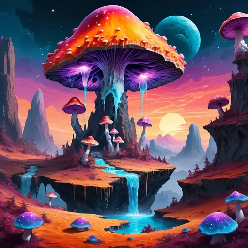 Prompt: psychedelic melting mushroom forest on a colorful glowing geode planet with liquid nebulas. mountains, cliffs, sunset colors, waterfalls landscape. 