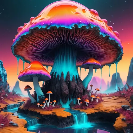 Prompt: trippy melting mushroom forest on a colorful glowing geode planet with vibrant liquid nebulas. mountains, cliffs, sunset colors, waterfalls landscape. Alien planet, rainbow colors, glowing mushrooms, octane render trippy wallpaper HD, Abstract patterns, Movement and flow, depth and layers, droopy melting design, complementary colors, sunset