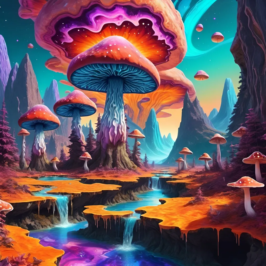 Prompt: psychedelic melting mushroom forest on a colorful glowing geode planet with liquid nebulas and UFOs. mountains, cliffs, sunset colors, waterfalls landscape, trippy, Abstract patterns, Movement and flow