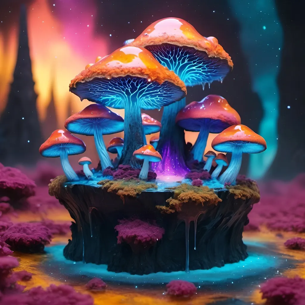 Prompt: melting mushroom forest on a colorful glowing geode planet with liquid nebulas.