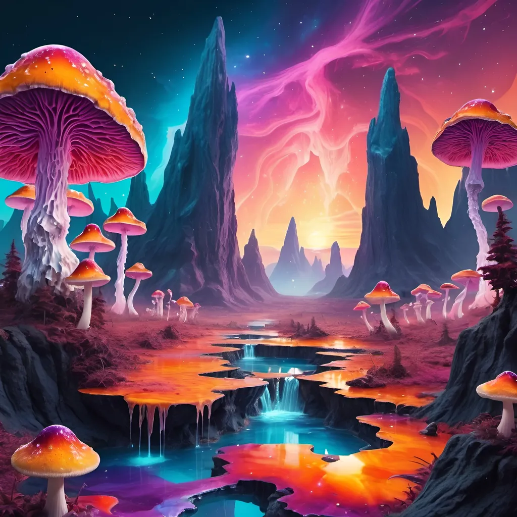 Prompt: psychedelic melting mushroom forest on a colorful glowing geode planet with liquid nebulas. mountains, cliffs, sunset colors, waterfalls landscape. 