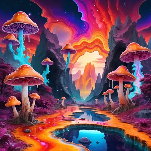 Prompt: psychedelic melting mushroom forest on a colorful glowing geode planet with liquid nebulas. mountains, cliffs, vibrant sunset colors, waterfalls landscape, trippy, Abstract patterns, Movement and flow