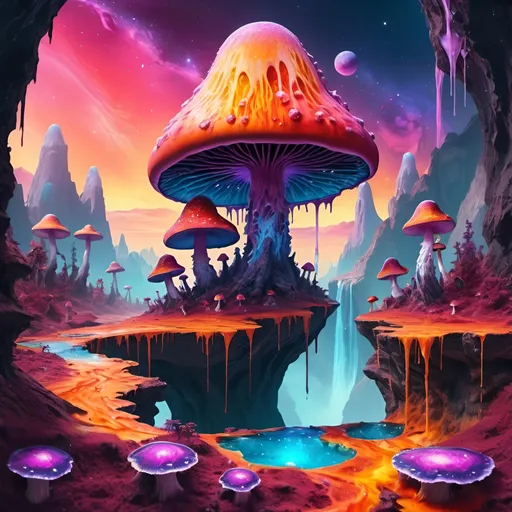 Prompt: psychedelic melting mushroom forest on a colorful glowing geode planet with liquid nebulas. mountains, cliffs, sunset colors, waterfalls landscape. Alien planet, vibrant