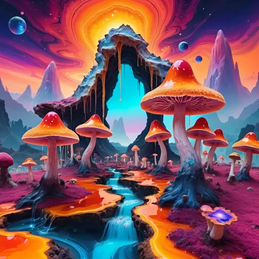 Prompt: psychedelic melting mushroom forest on a colorful glowing geode planet with liquid nebulas. mountains, cliffs, sunset colors, waterfalls landscape, trippy, Abstract patterns, Movement and flow