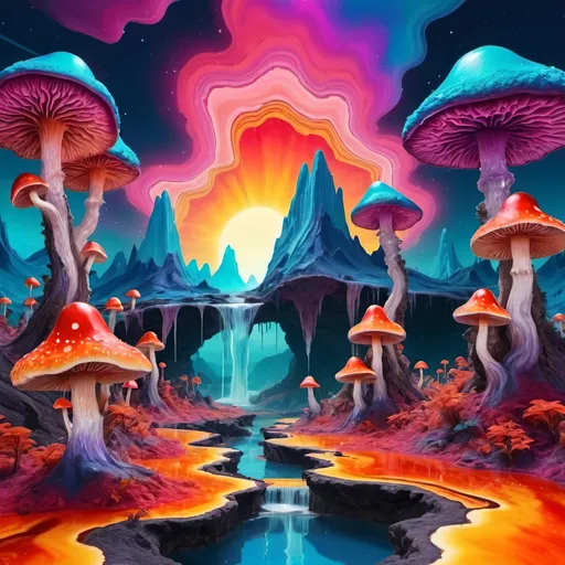 Prompt: psychedelic melting mushroom forest on a colorful glowing geode planet with liquid nebulas. mountains, cliffs, sunset colors, waterfalls landscape, trippy, Abstract patterns, Movement and flow