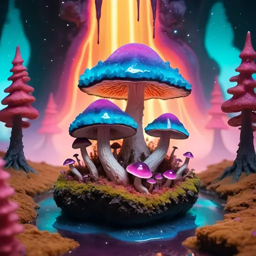 Prompt: melting mushroom forest on a colorful glowing geode planet with liquid nebulas.