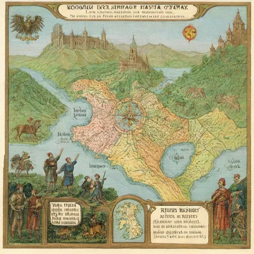 Prompt: eagle eye looking map with 4 cities in 4 corners. in the map there are mountains, forests, rivers, villages, monasteries and similar items are distributed.
Also make the map divided into hexagonal shapes.
