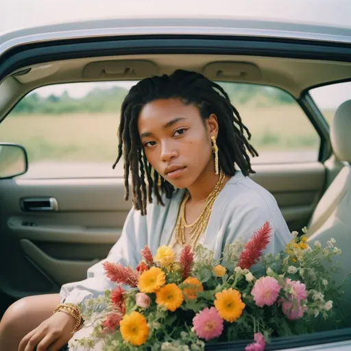 Prompt:  a nigeria girl with locs hair sitting in car filled withflowers, art by Rinko Kawauchi, in the style ofnaturalistic poses, vacation dadcore, bling gold jewelries, youthfulenergy, a coolexpression, body extensions, flowersin the sky, analog film, super detail, dreamy lofiphotography, colourful, covered in flowers andvines, Inside view, shot on fujifilm XT4 --q 2 --v 5 --ar 3:4 soft studio lighting.